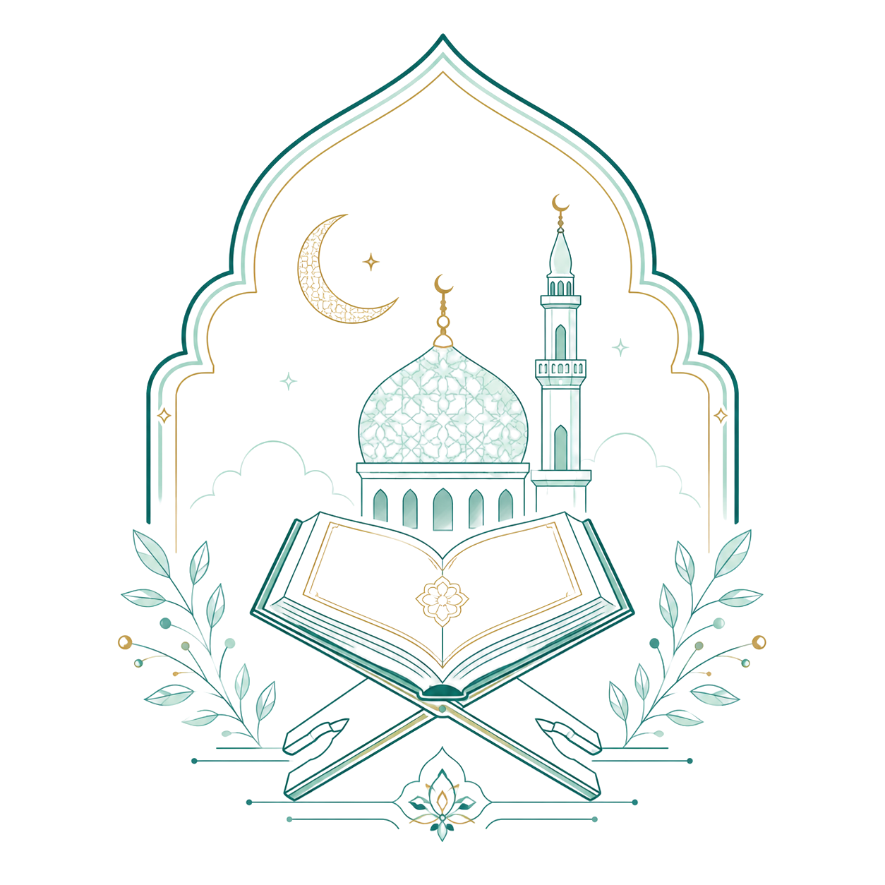 Islamic academic illustration with open Quran mosque minaret and crescent